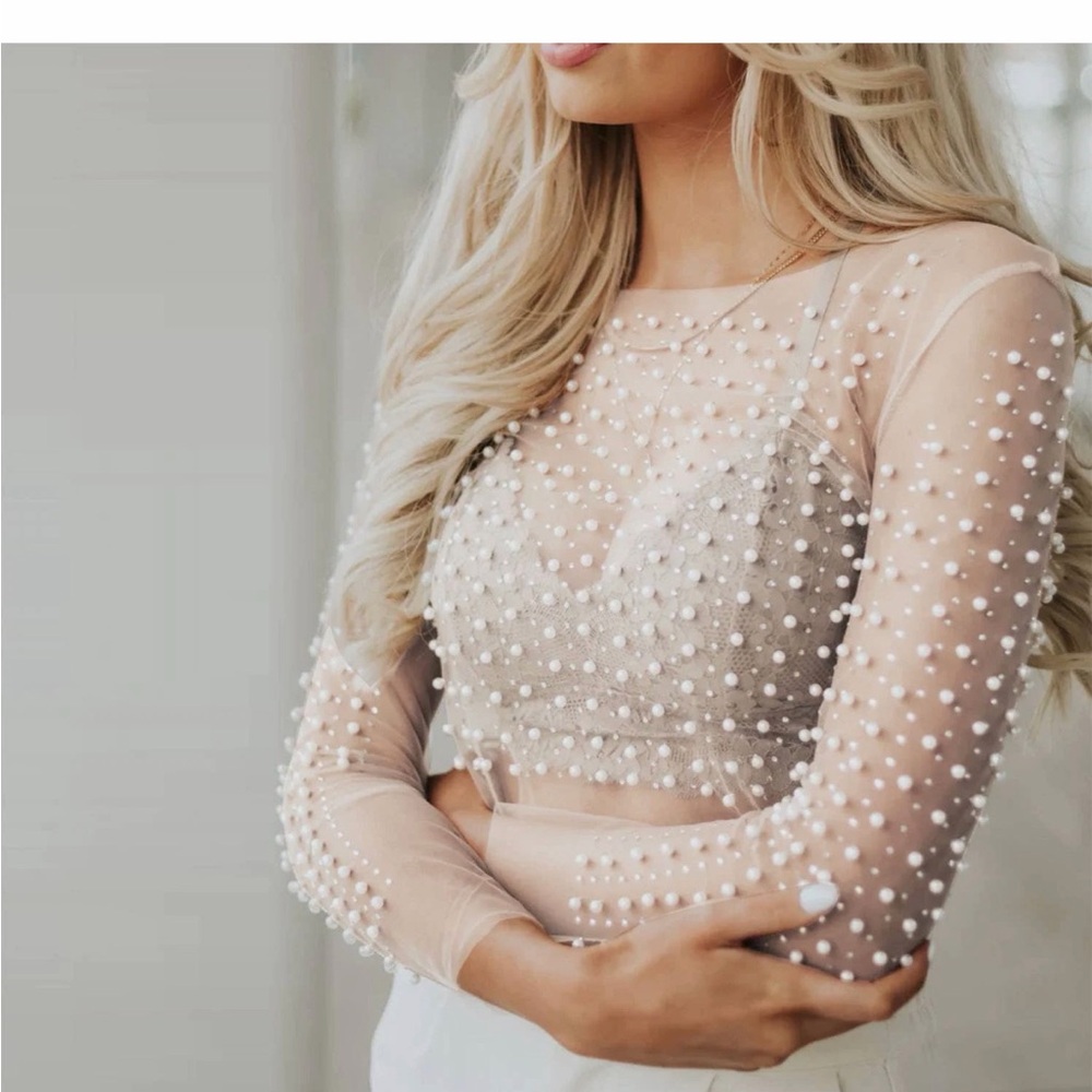 NWT Pearl rhinestone studded sheer top (Nude)